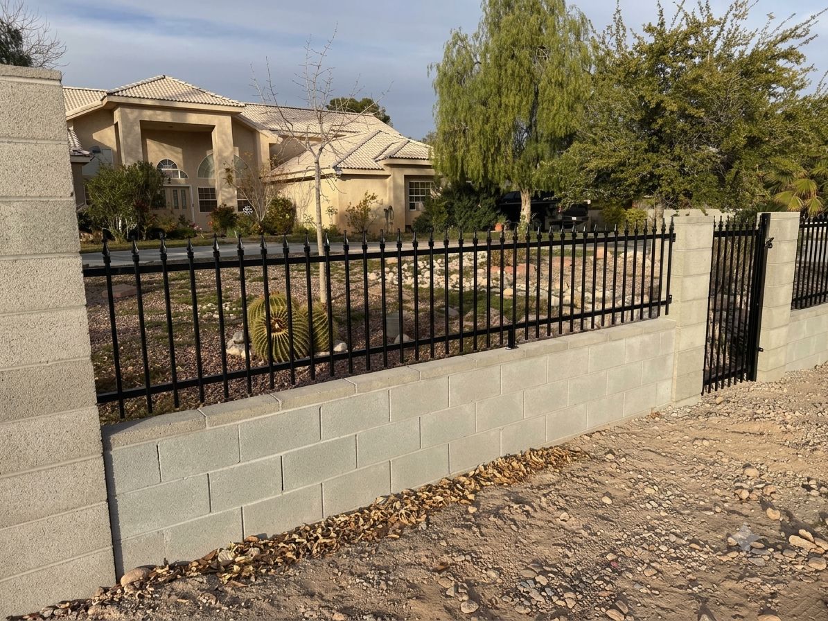 Black iron fence on a block wall with a matching side yard gate